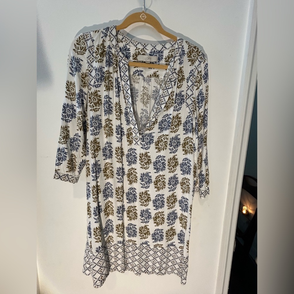 LOFT Blue and Gold Patterned Dress